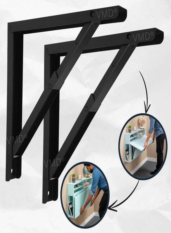 VMD, Heavy Duty 12" (Black) Foldable Shelf Bracket, DIY Folding Shelves, l Bracket, Wall Brackets, Wall Angle Bracket, Folding Table Bracket with Fittings for fold Down Steel Table (Pack of 2) - Image 2